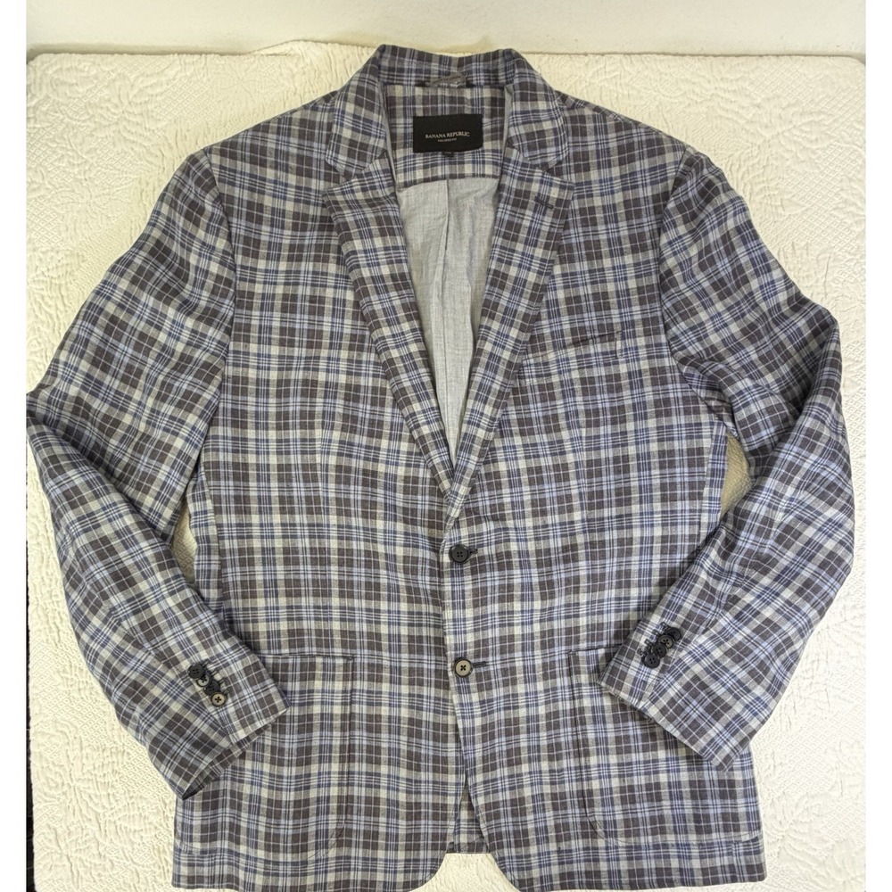 Banana Republic Linen Plaid Blazer Sport Coat Mens 44R Tailored Fit Lightweight